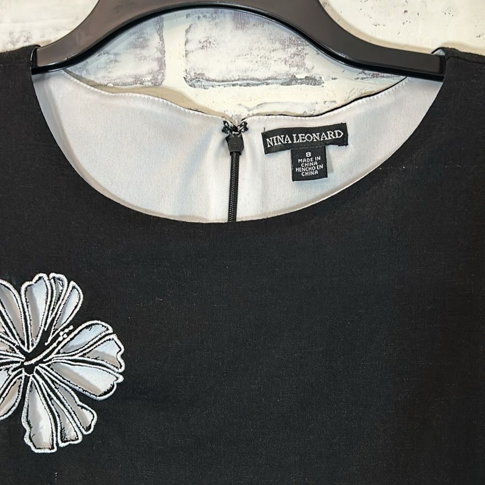 Nina Leonard Floral Cut Out Sleeveless Black Linen Blend Shift Dress Size 8 - Picture 2 of 7